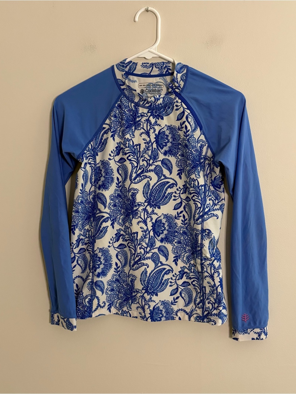 Coolibar Youth Zippy Rash Guard L Blue White Floral Sun Shirt UPF 50+ Fairy